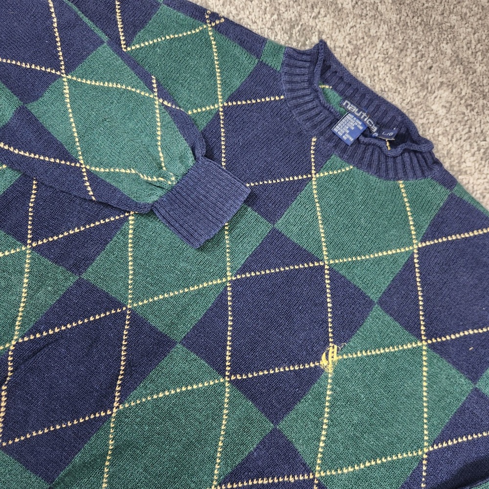 Vintage Nautica Sweater Mens Large Argyle Knit Green Navy Linen Blend Grandpa